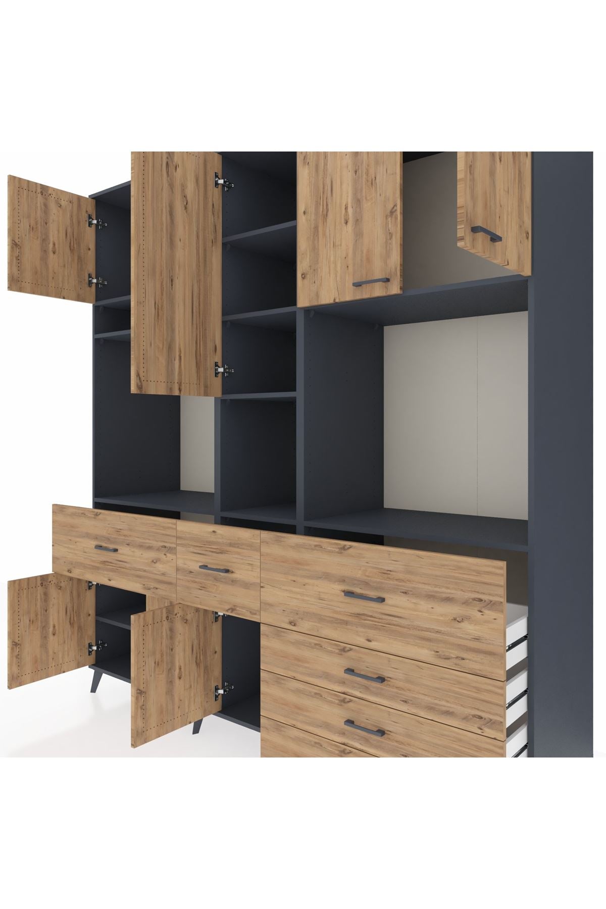 Kronos Dolap 10 Raflı 6 Çekmeceli 8 Kapaklı 220x59x243 Antrasit-Çam/Çam