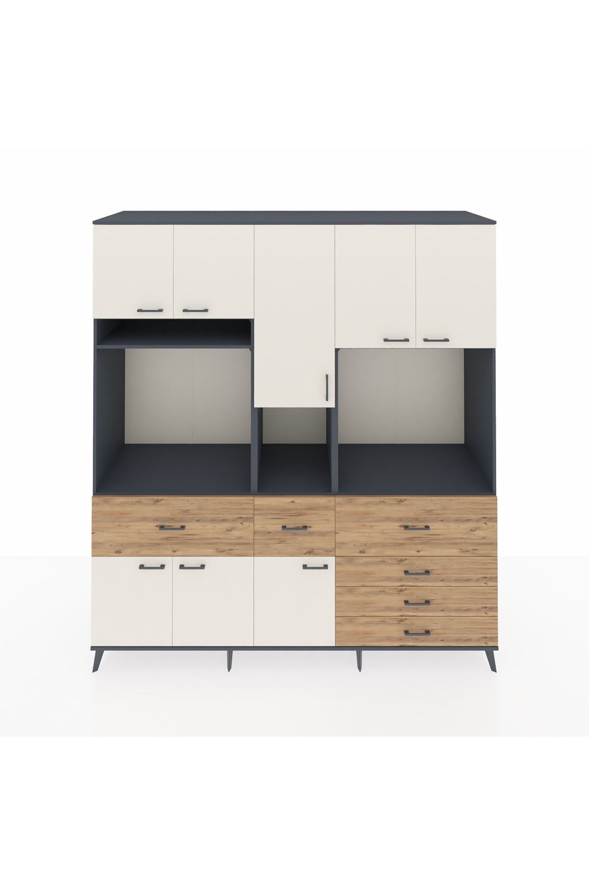 Kronos Dolap 10 Raflı 6 Çekmeceli 8 Kapaklı 220x59x243 Antrasit-Aytaşı/Çam