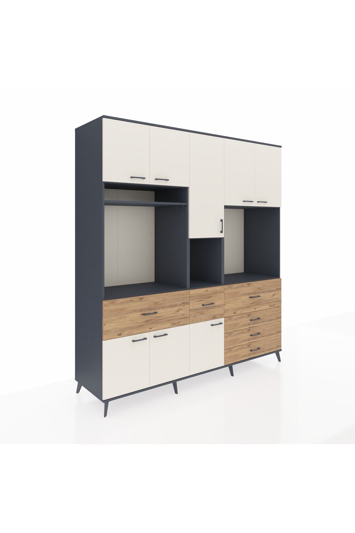 Kronos Dolap 10 Raflı 6 Çekmeceli 8 Kapaklı 220x59x243 Antrasit-Aytaşı/Çam