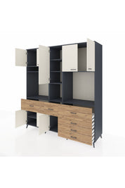 Kronos Dolap 10 Raflı 6 Çekmeceli 8 Kapaklı 220x59x243 Antrasit-Aytaşı/Çam