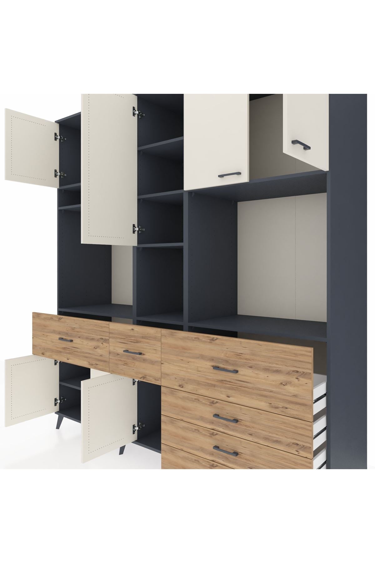 Kronos Dolap 10 Raflı 6 Çekmeceli 8 Kapaklı 220x59x243 Antrasit-Aytaşı/Çam