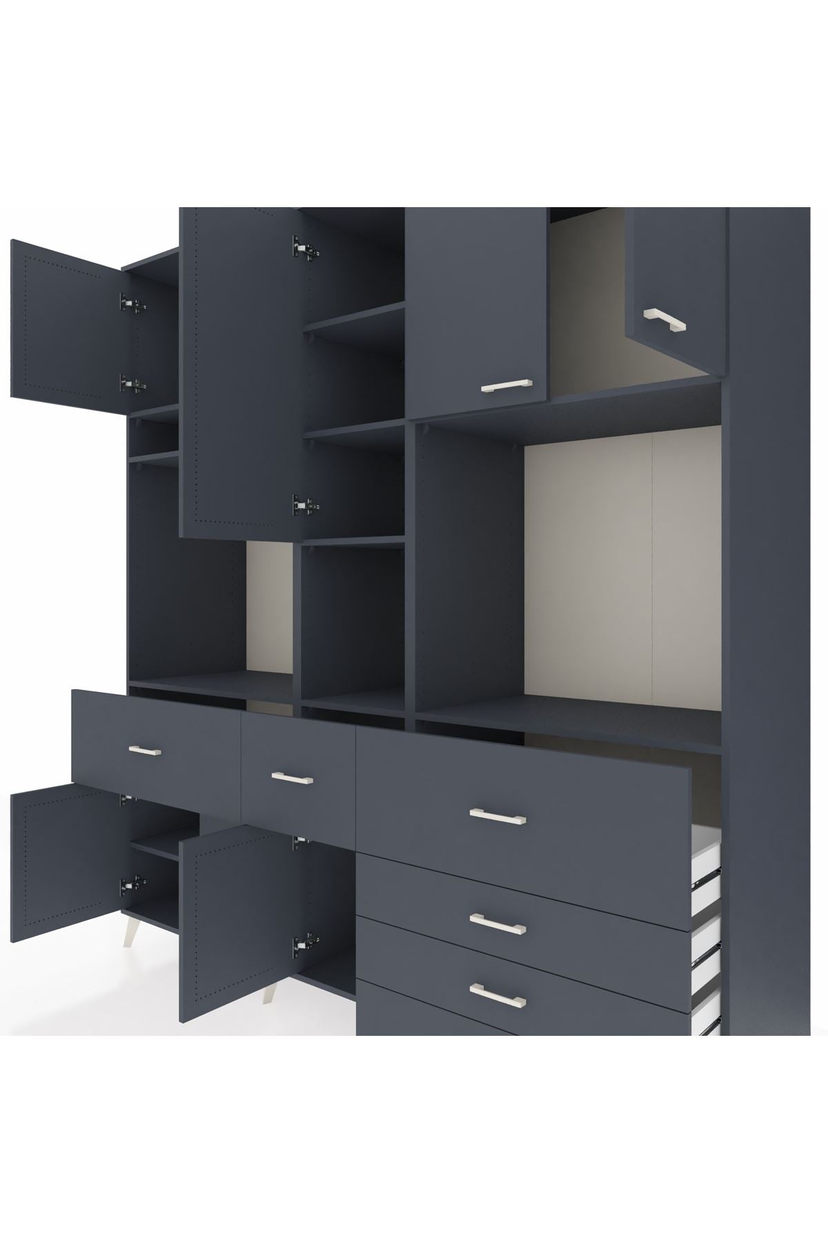 Kronos Dolap 10 Raflı 6 Çekmeceli 8 Kapaklı 220x59x243 Antrasit-Antrasit/Antrasit