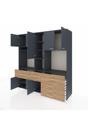 Kronos Dolap 10 Raflı 6 Çekmeceli 8 Kapaklı 220x59x243 Antrasit-Antrasit/Çam