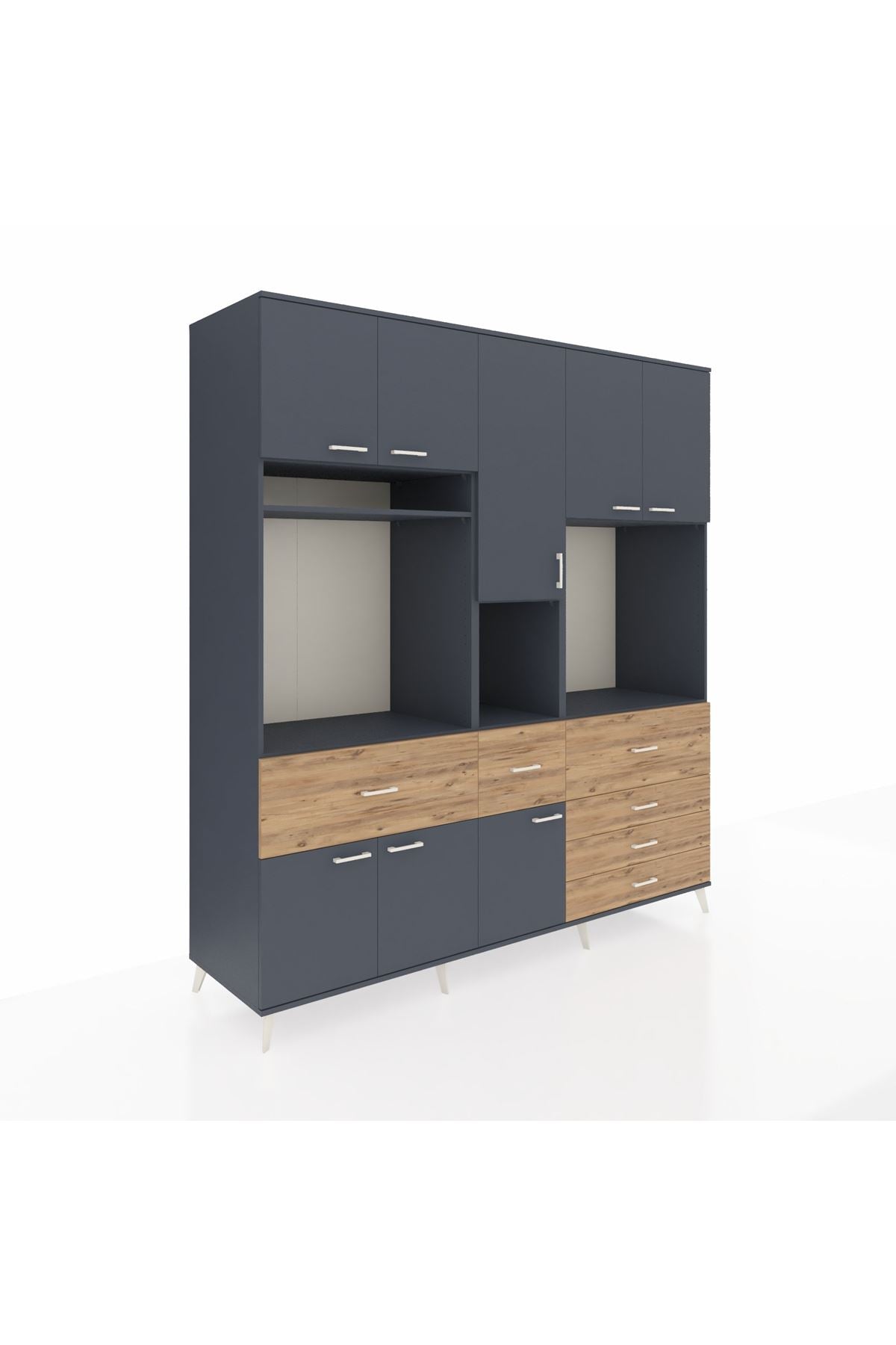 Kronos Dolap 10 Raflı 6 Çekmeceli 8 Kapaklı 220x59x243 Antrasit-Antrasit/Çam