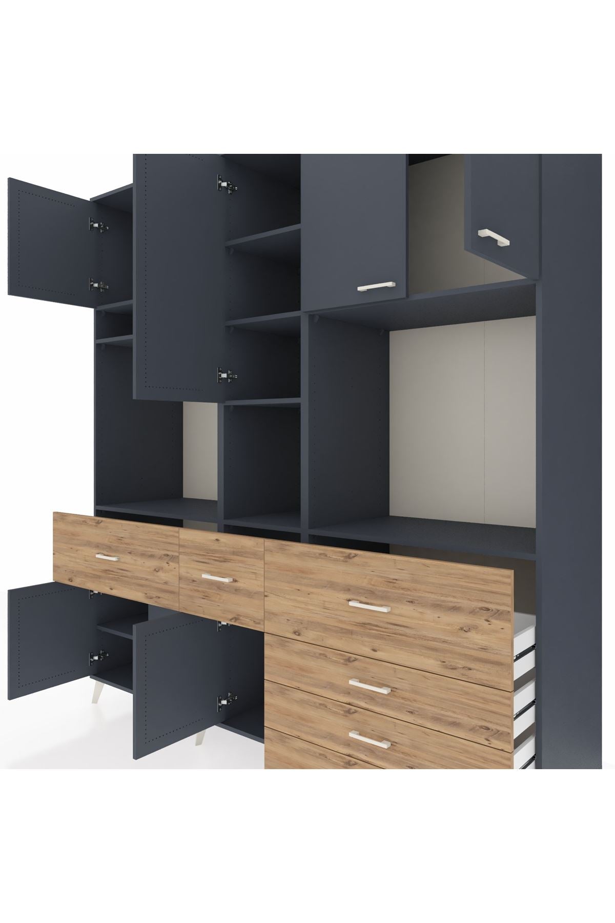 Kronos Dolap 10 Raflı 6 Çekmeceli 8 Kapaklı 220x59x243 Antrasit-Antrasit/Çam