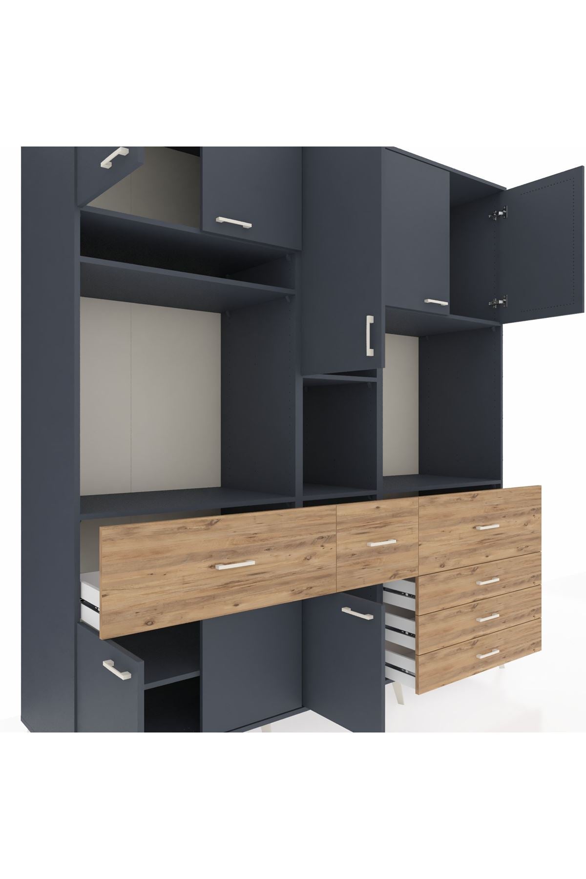 Kronos Dolap 10 Raflı 6 Çekmeceli 8 Kapaklı 220x59x243 Antrasit-Antrasit/Çam