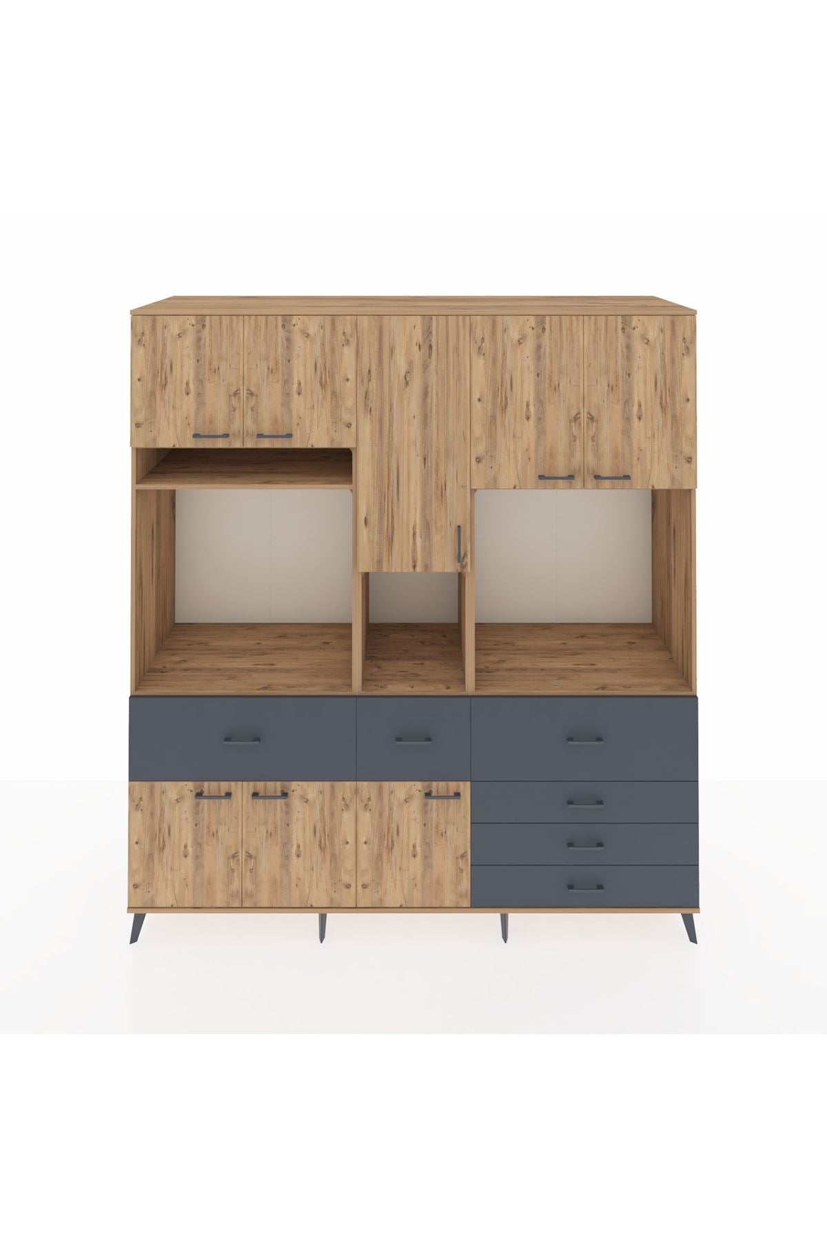 Kronos Dolap 10 Raflı 6 Çekmeceli 8 Kapaklı 220x59x243 Çam-Çam/Antrasit