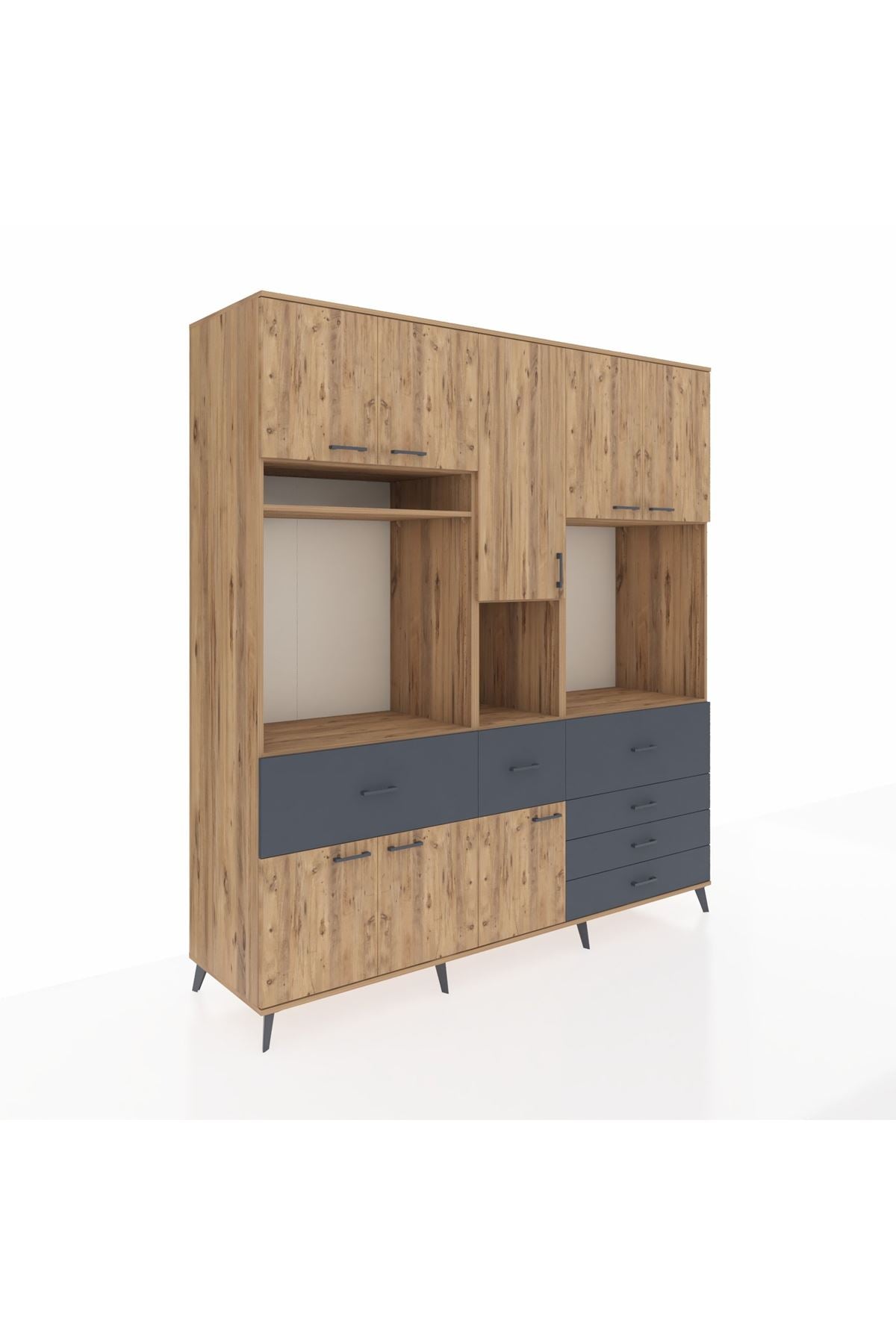 Kronos Dolap 10 Raflı 6 Çekmeceli 8 Kapaklı 220x59x243 Çam-Çam/Antrasit