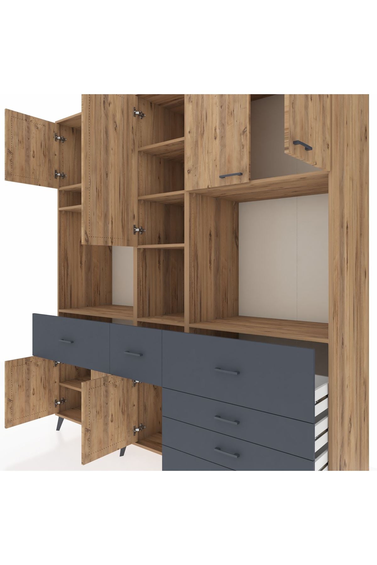 Kronos Dolap 10 Raflı 6 Çekmeceli 8 Kapaklı 220x59x243 Çam-Çam/Antrasit