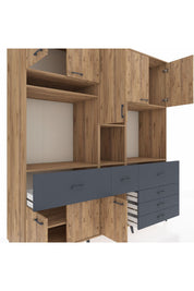 Kronos Dolap 10 Raflı 6 Çekmeceli 8 Kapaklı 220x59x243 Çam-Çam/Antrasit