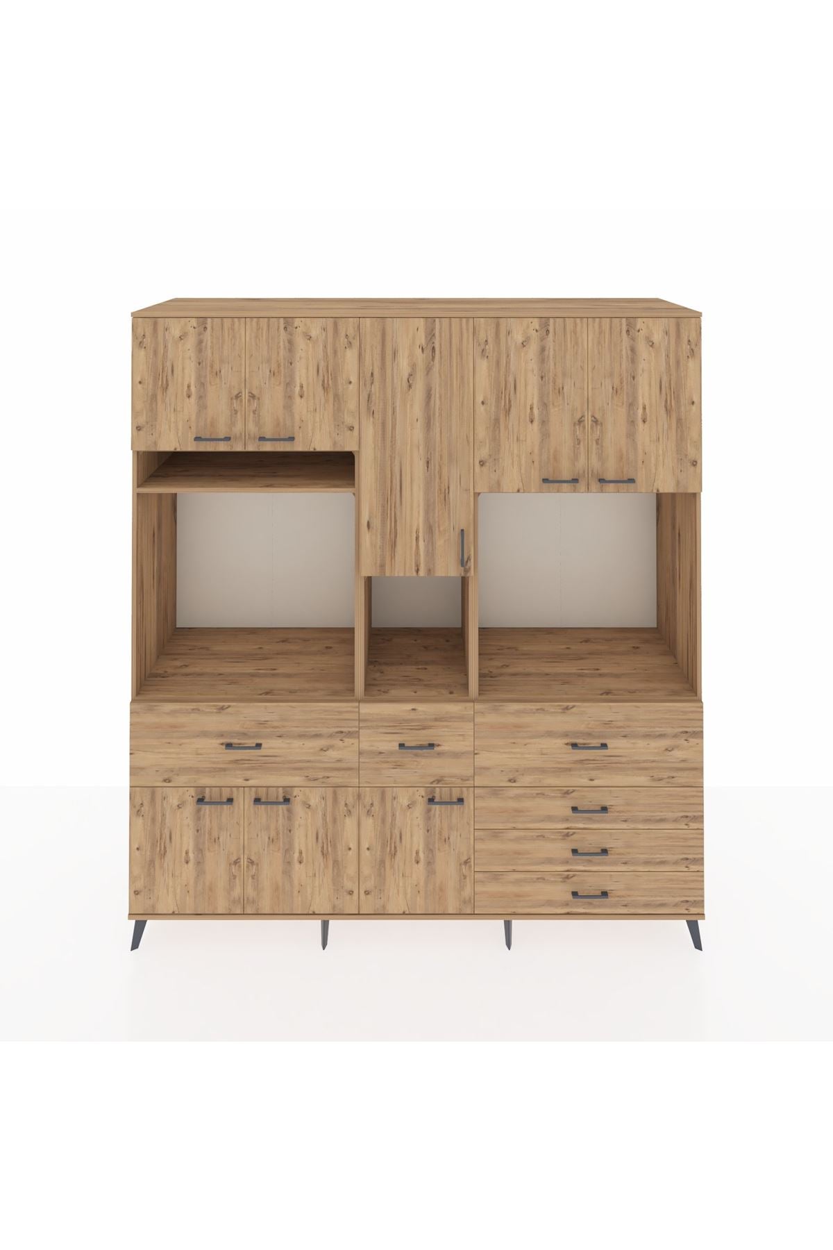 Kronos Dolap 10 Raflı 6 Çekmeceli 8 Kapaklı 220x59x243 Çam-Çam/Çam