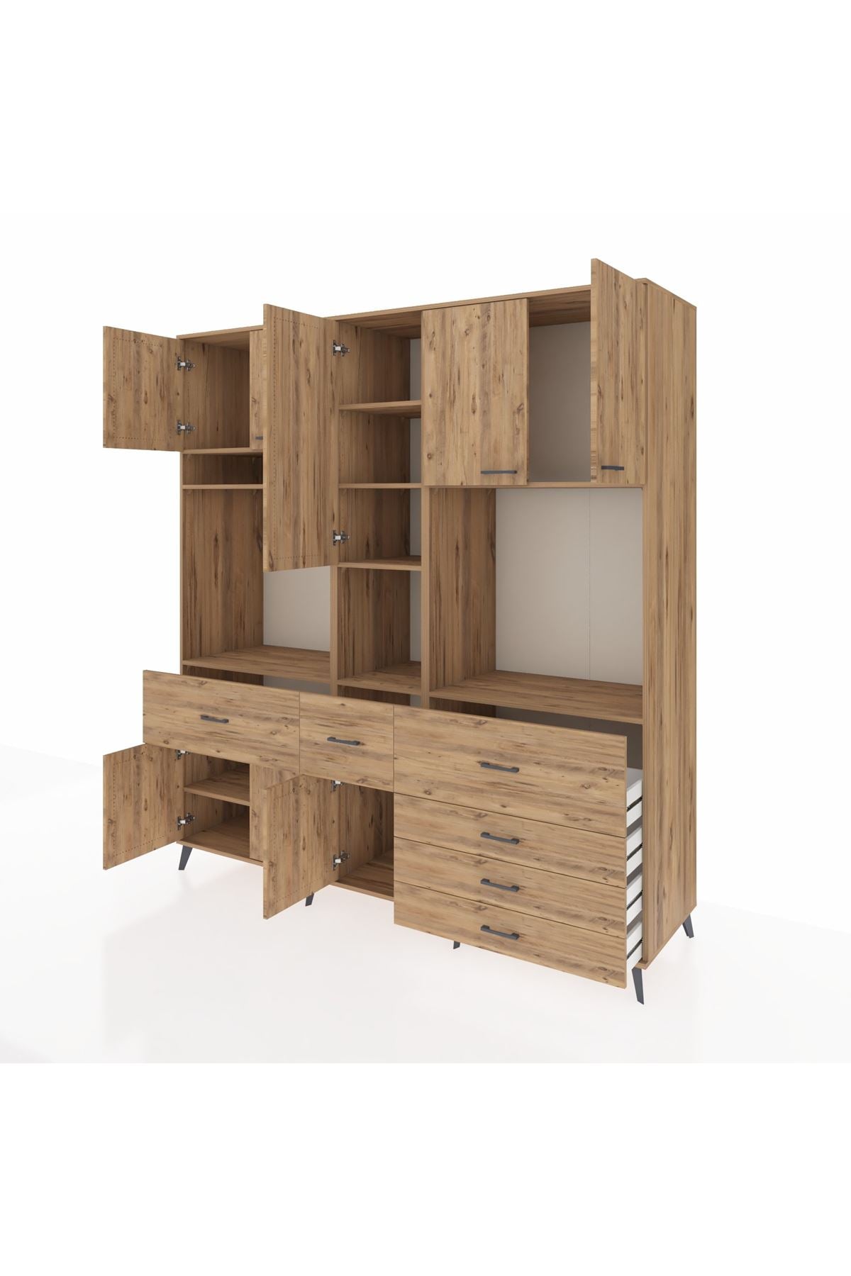 Kronos Dolap 10 Raflı 6 Çekmeceli 8 Kapaklı 220x59x243 Çam-Çam/Çam