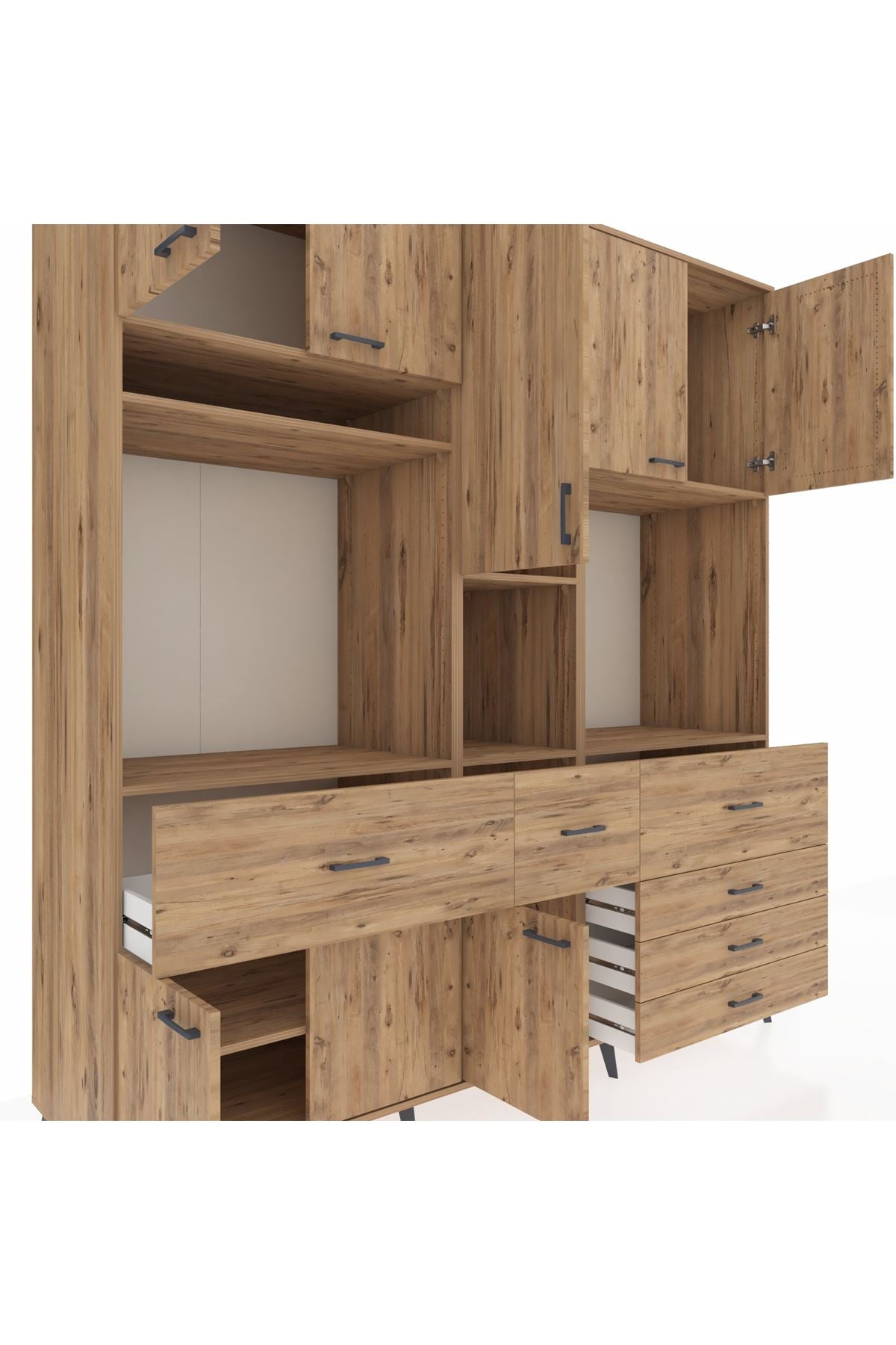 Kronos Dolap 10 Raflı 6 Çekmeceli 8 Kapaklı 220x59x243 Çam-Çam/Çam