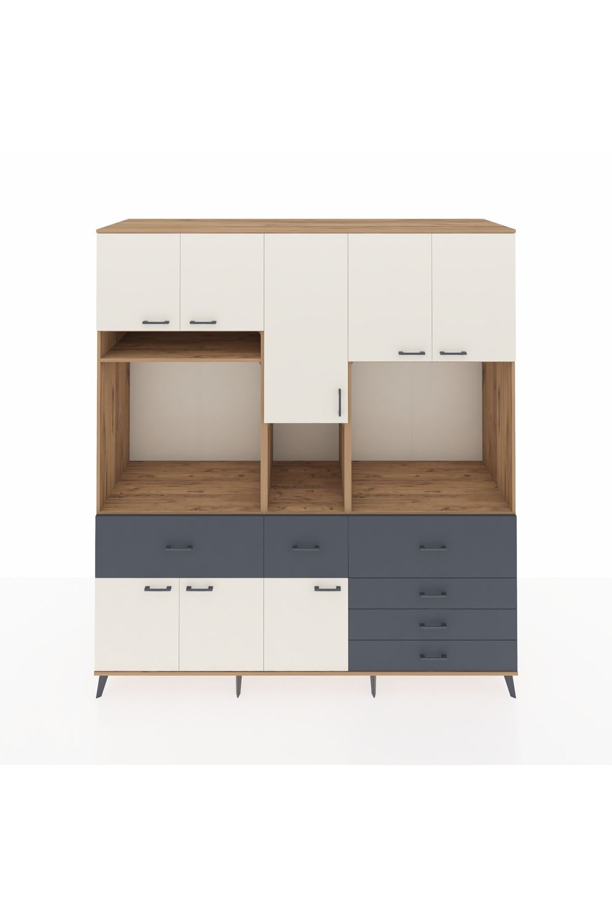 Kronos Dolap 10 Raflı 6 Çekmeceli 8 Kapaklı 220x59x243 Çam-Aytaşı/Antrasit