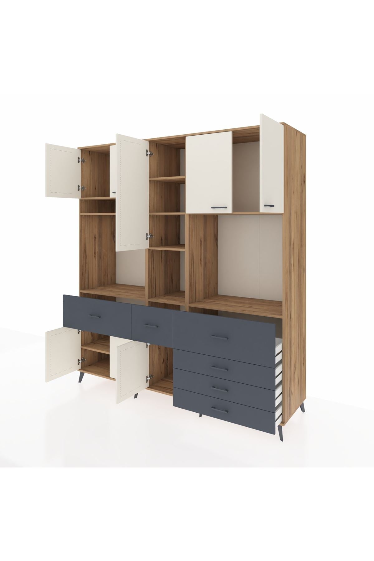 Kronos Dolap 10 Raflı 6 Çekmeceli 8 Kapaklı 220x59x243 Çam-Aytaşı/Antrasit