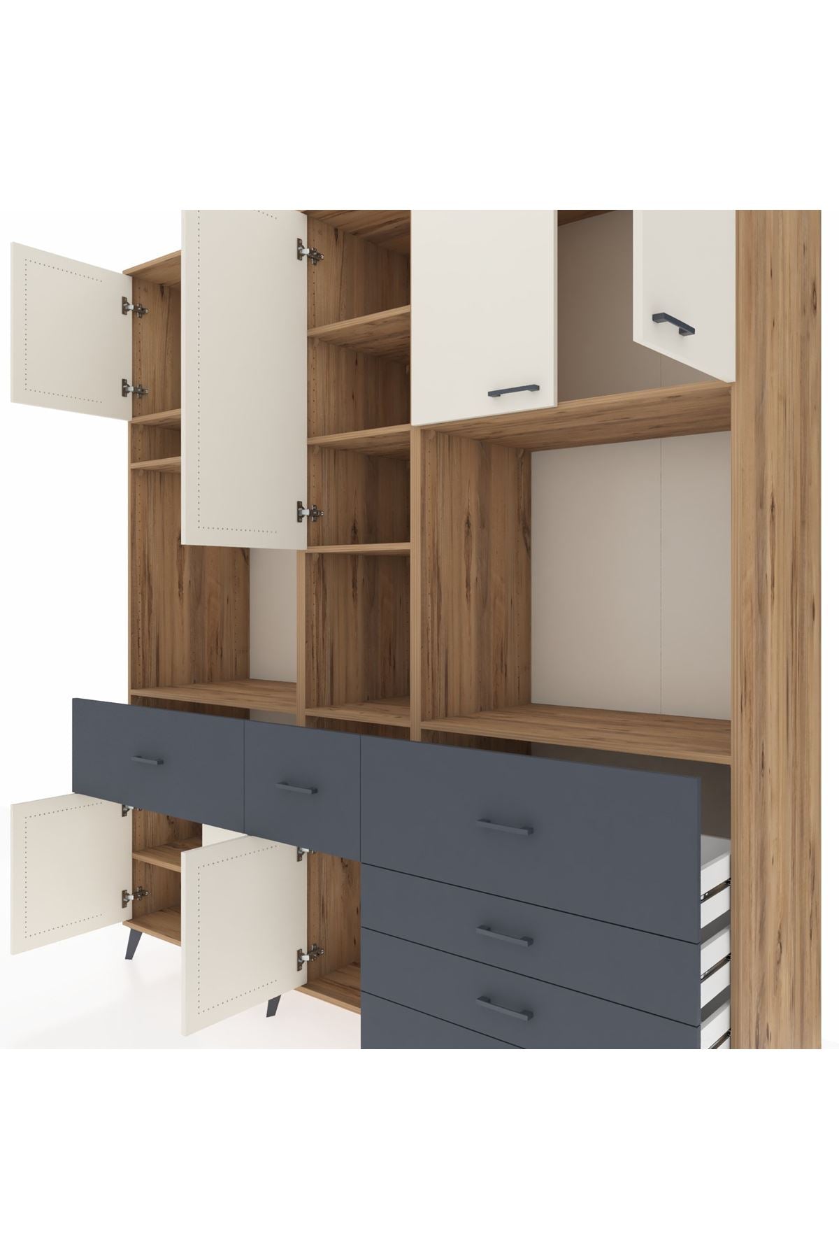 Kronos Dolap 10 Raflı 6 Çekmeceli 8 Kapaklı 220x59x243 Çam-Aytaşı/Antrasit