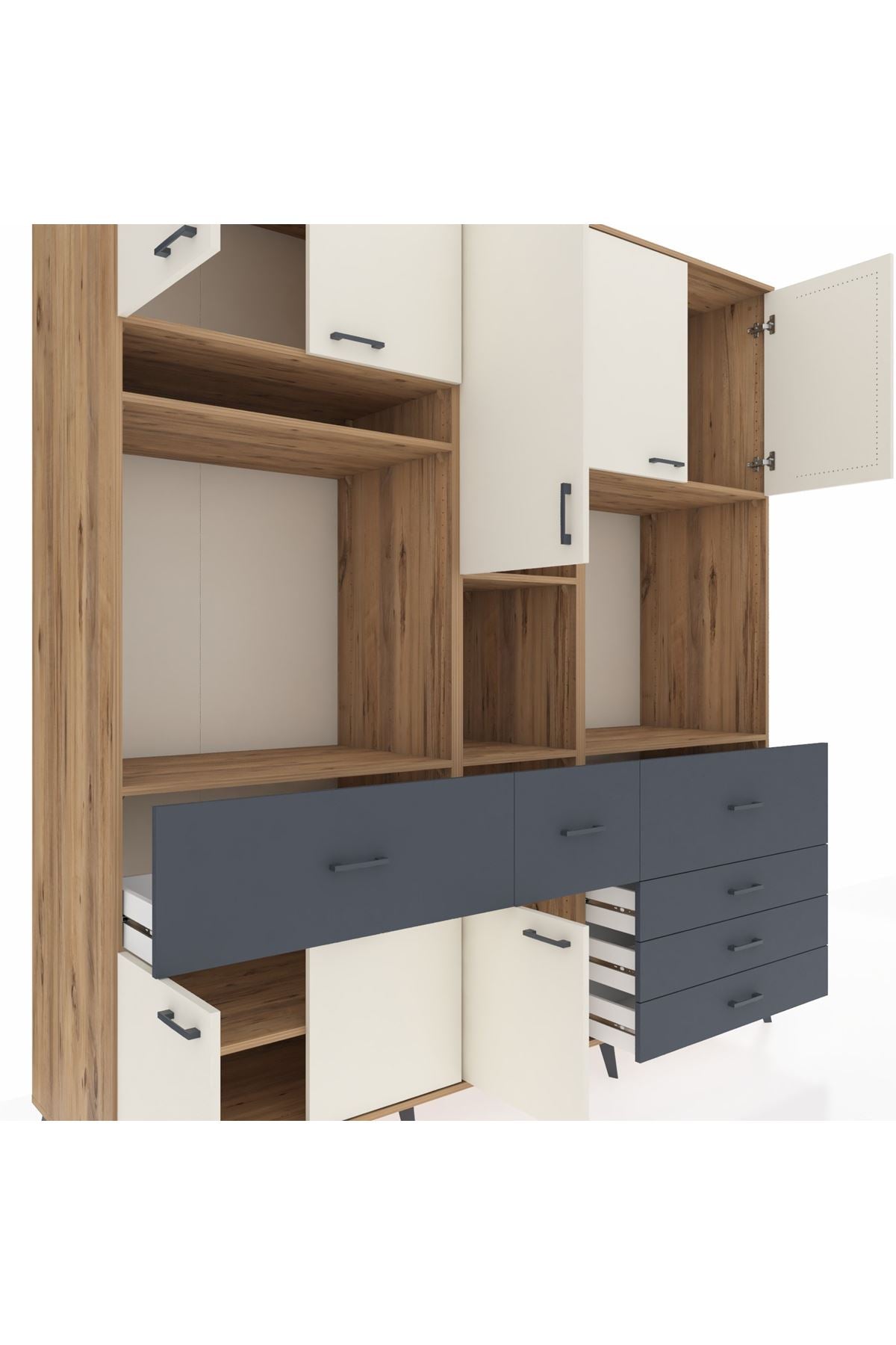 Kronos Dolap 10 Raflı 6 Çekmeceli 8 Kapaklı 220x59x243 Çam-Aytaşı/Antrasit