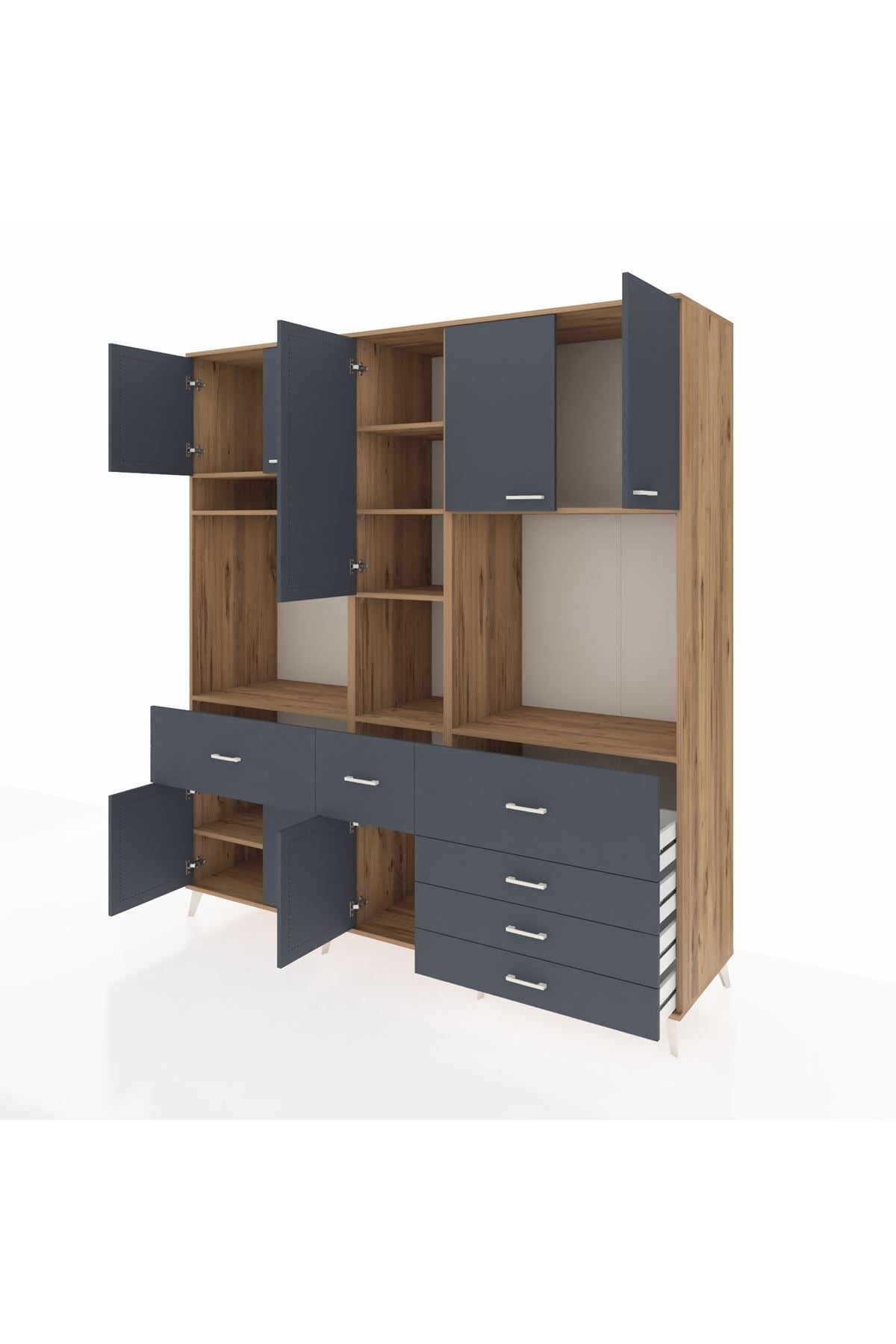 Kronos Dolap 10 Raflı 6 Çekmeceli 8 Kapaklı 220x59x243 Çam-Antrasit/Antrasit