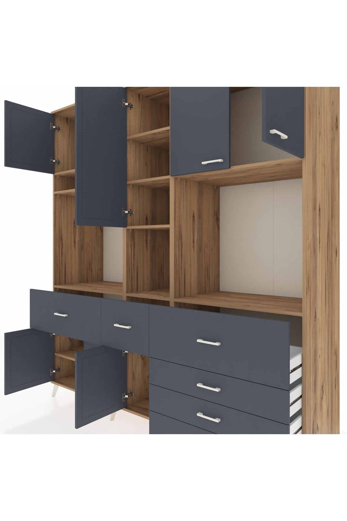 Kronos Dolap 10 Raflı 6 Çekmeceli 8 Kapaklı 220x59x243 Çam-Antrasit/Antrasit