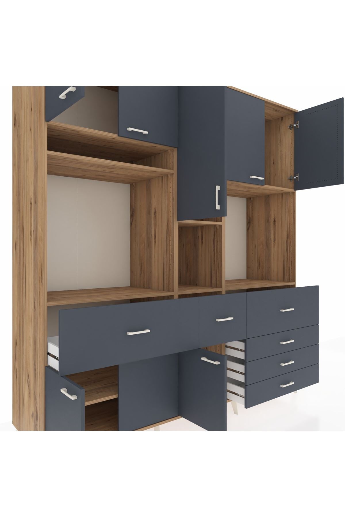 Kronos Dolap 10 Raflı 6 Çekmeceli 8 Kapaklı 220x59x243 Çam-Antrasit/Antrasit