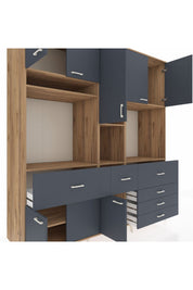 Kronos Dolap 10 Raflı 6 Çekmeceli 8 Kapaklı 220x59x243 Çam-Antrasit/Antrasit