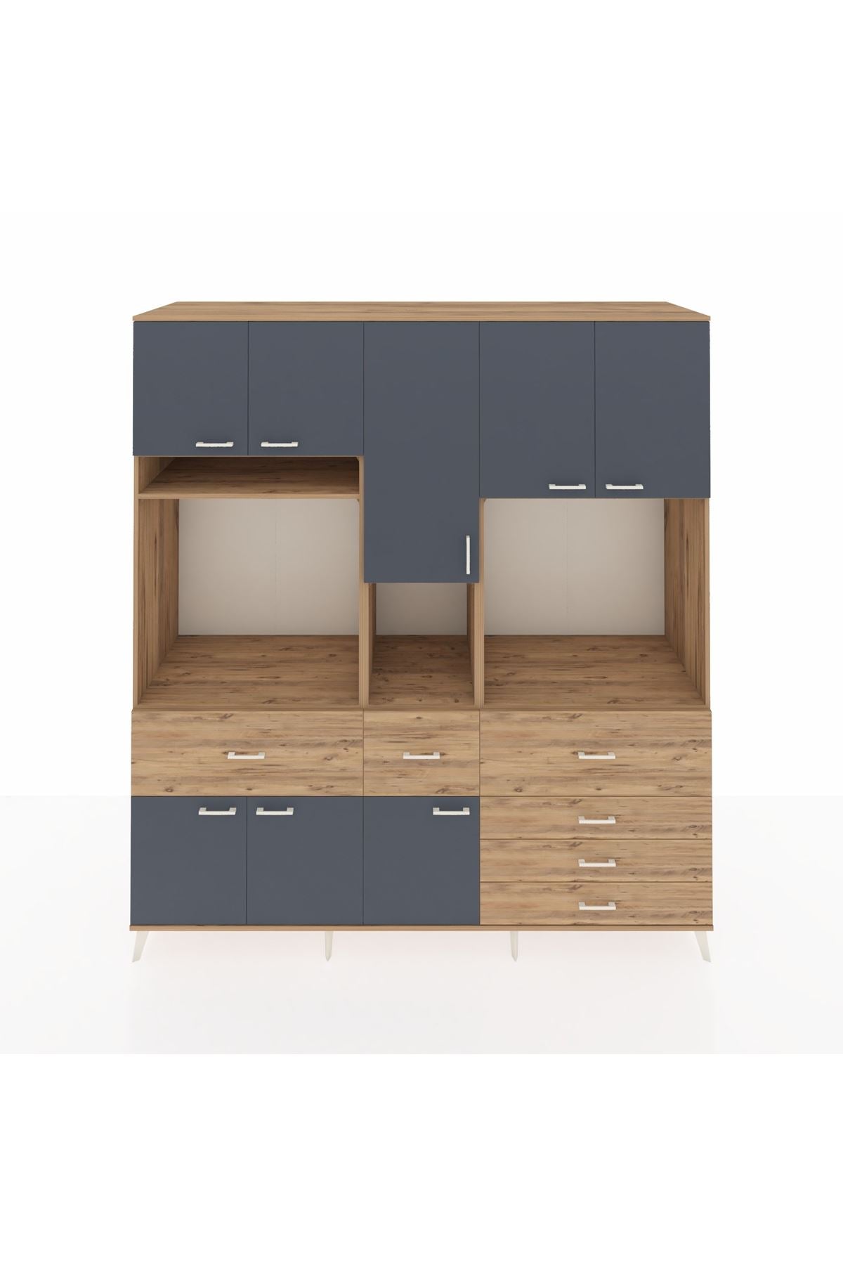 Kronos Dolap 10 Raflı 6 Çekmeceli 8 Kapaklı 220x59x243 Çam-Antrasit/Çam