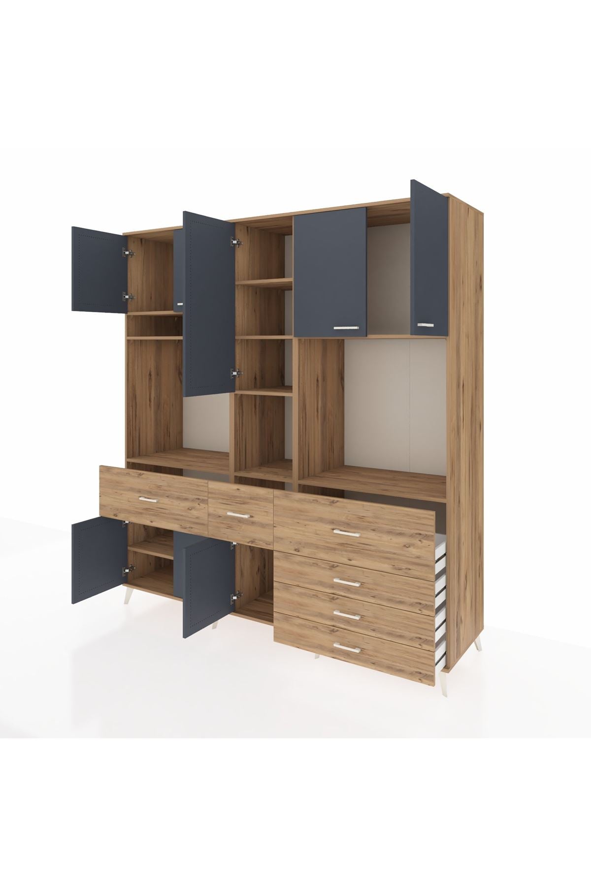 Kronos Dolap 10 Raflı 6 Çekmeceli 8 Kapaklı 220x59x243 Çam-Antrasit/Çam