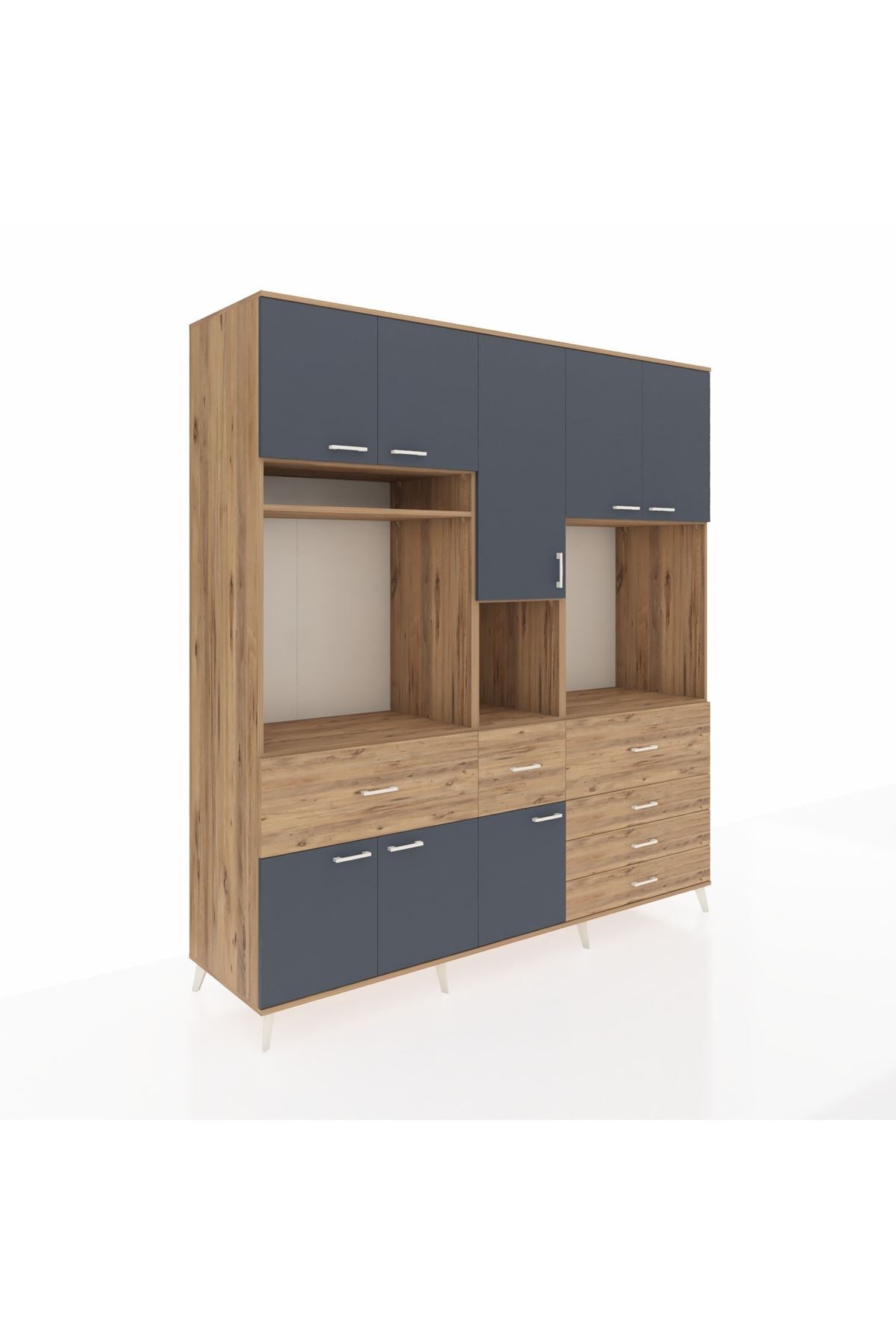 Kronos Dolap 10 Raflı 6 Çekmeceli 8 Kapaklı 220x59x243 Çam-Antrasit/Çam