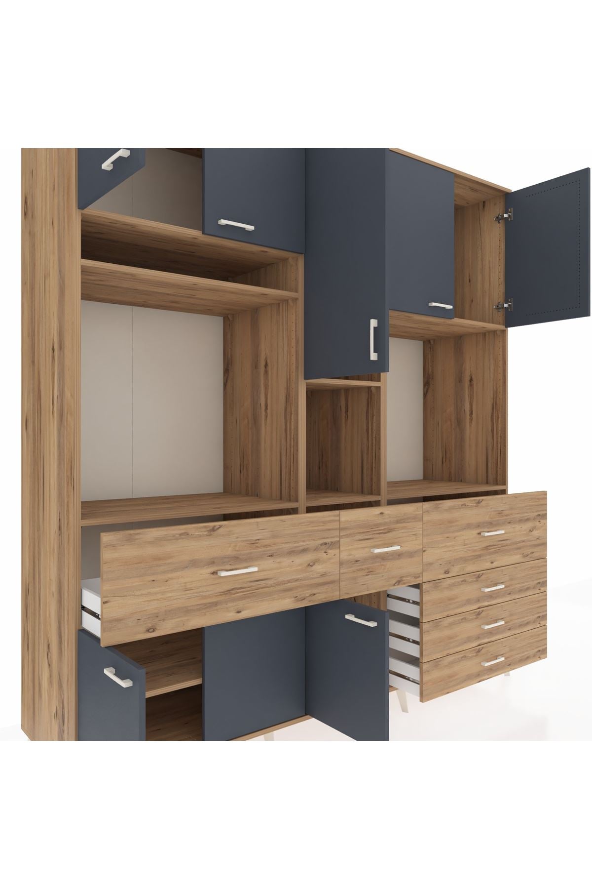 Kronos Dolap 10 Raflı 6 Çekmeceli 8 Kapaklı 220x59x243 Çam-Antrasit/Çam