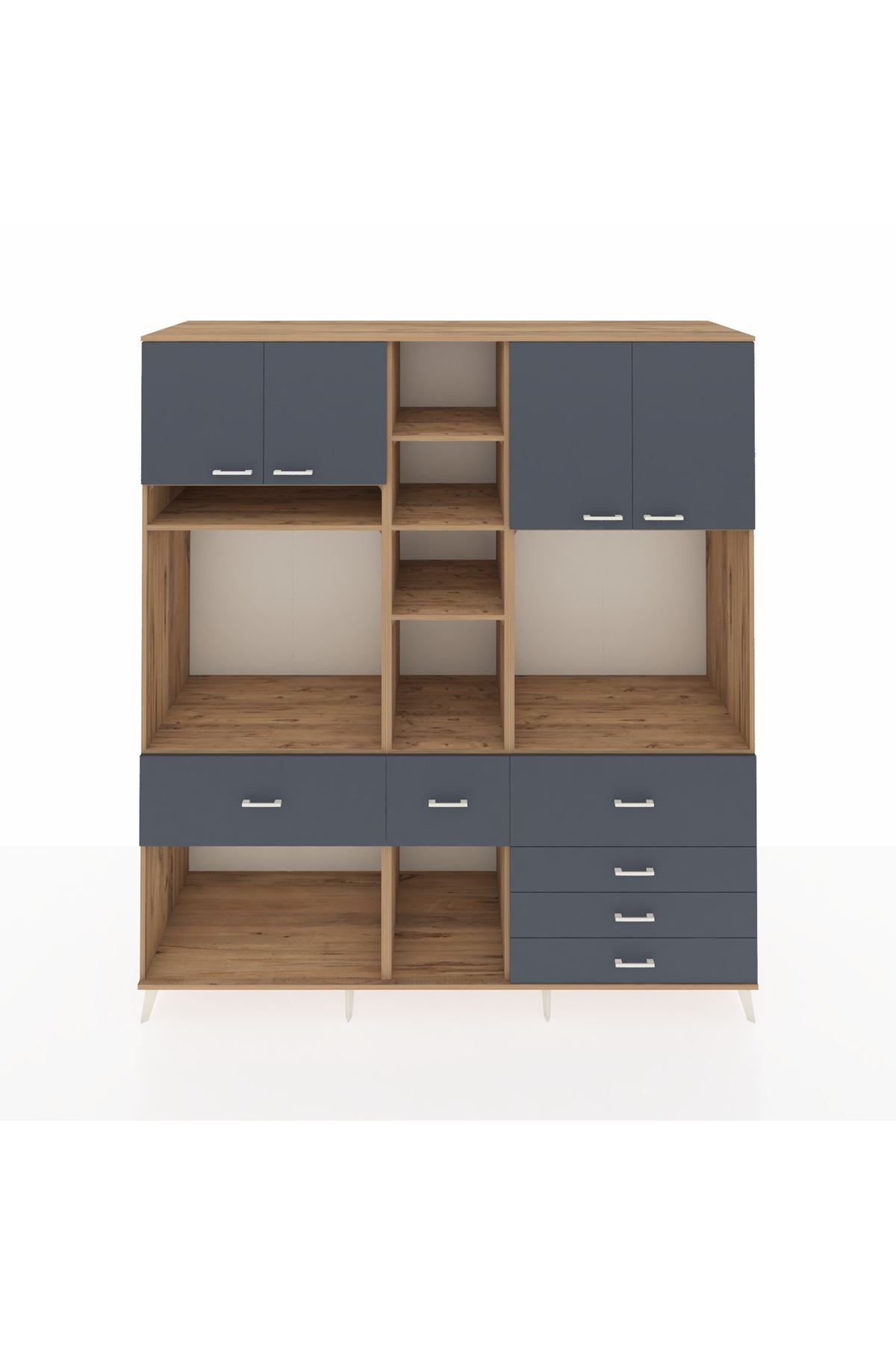 Kronos Dolap 11 Raflı 6 Çekmeceli 4 Kapaklı 220x59x243 Çam-Antrasit/Antrasit