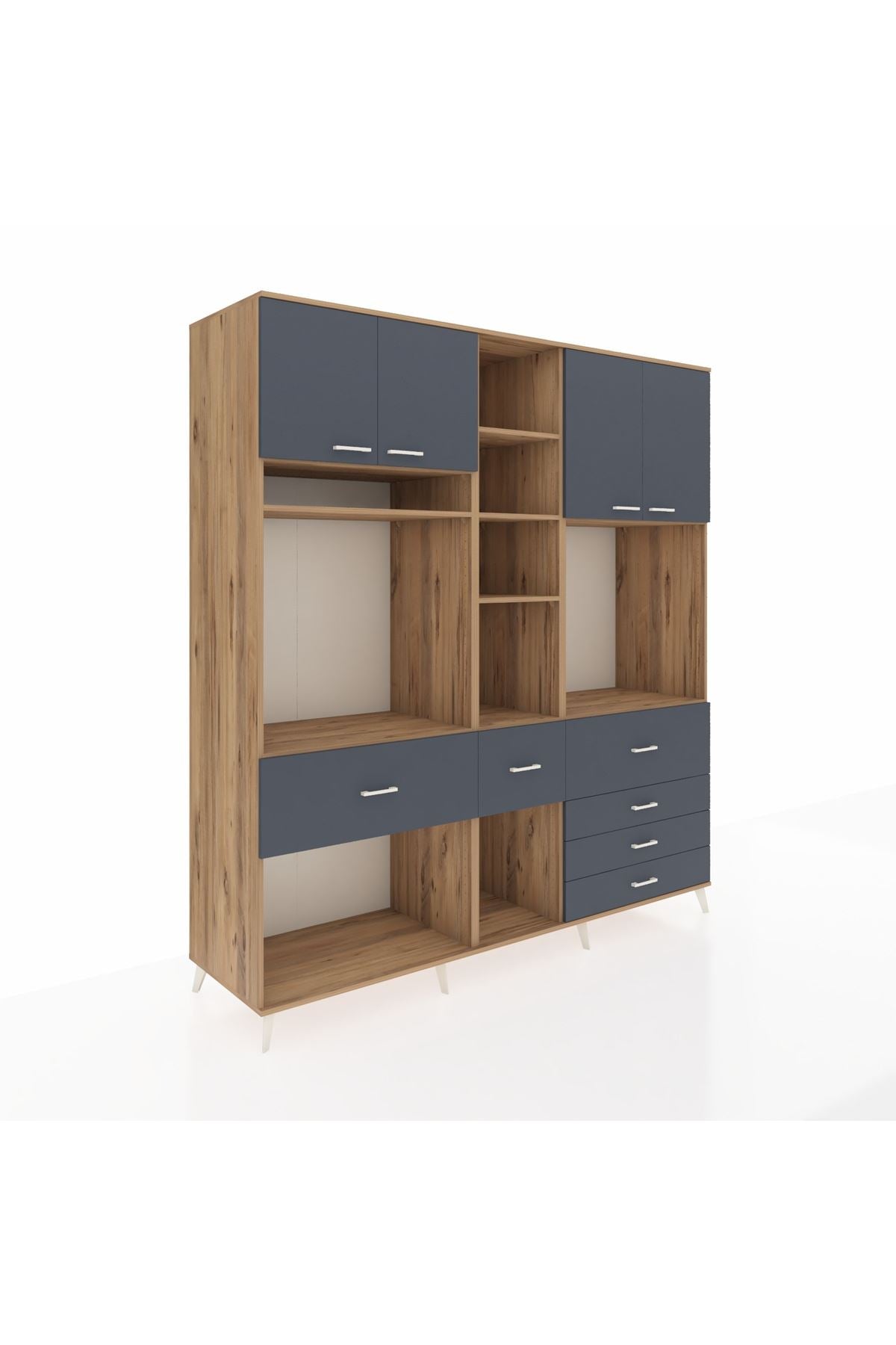 Kronos Dolap 11 Raflı 6 Çekmeceli 4 Kapaklı 220x59x243 Çam-Antrasit/Antrasit