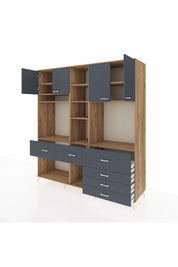 Kronos Dolap 11 Raflı 6 Çekmeceli 4 Kapaklı 220x59x243 Çam-Antrasit/Antrasit