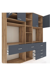 Kronos Dolap 11 Raflı 6 Çekmeceli 4 Kapaklı 220x59x243 Çam-Antrasit/Antrasit