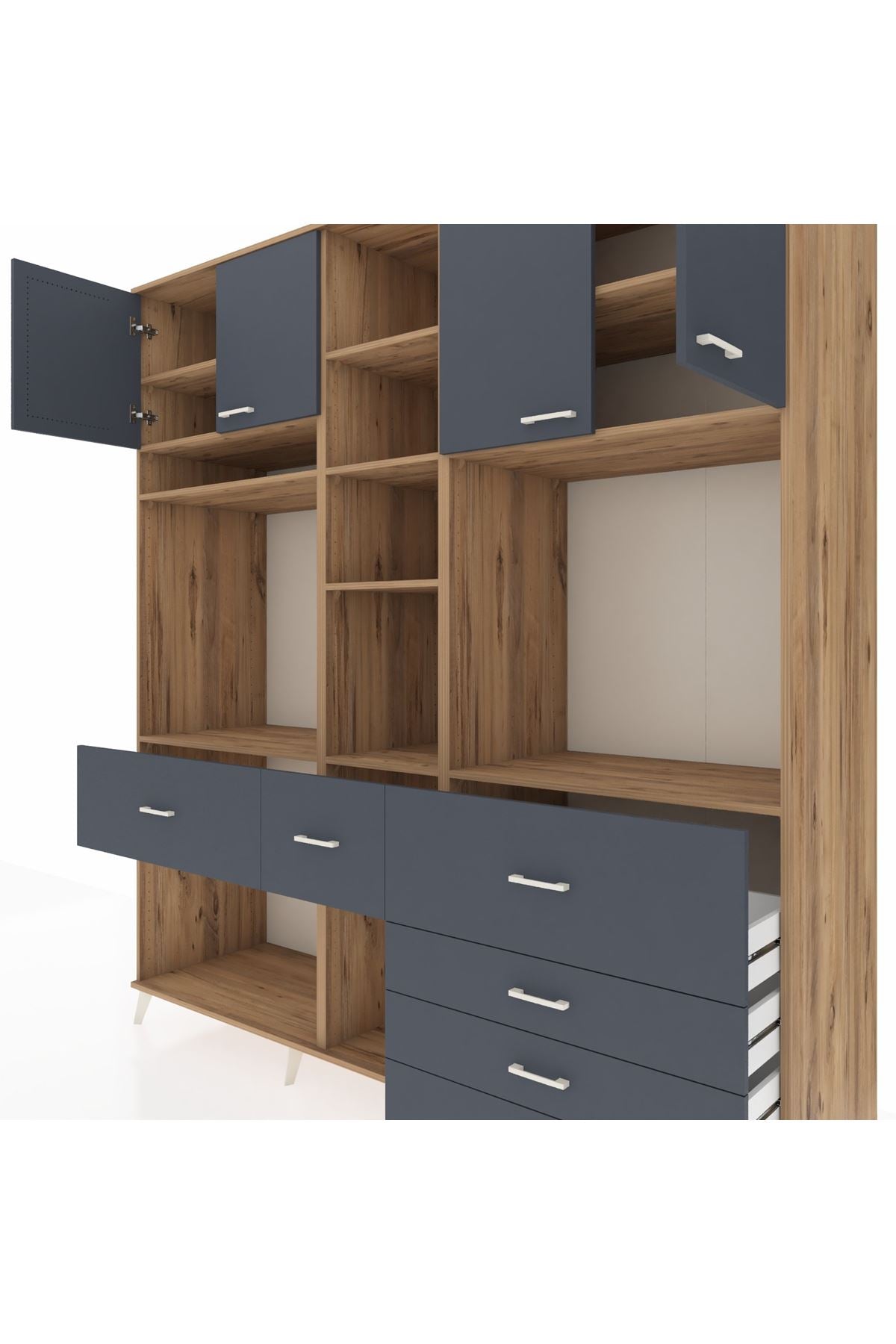 Kronos Dolap 11 Raflı 6 Çekmeceli 4 Kapaklı 220x59x243 Çam-Antrasit/Antrasit