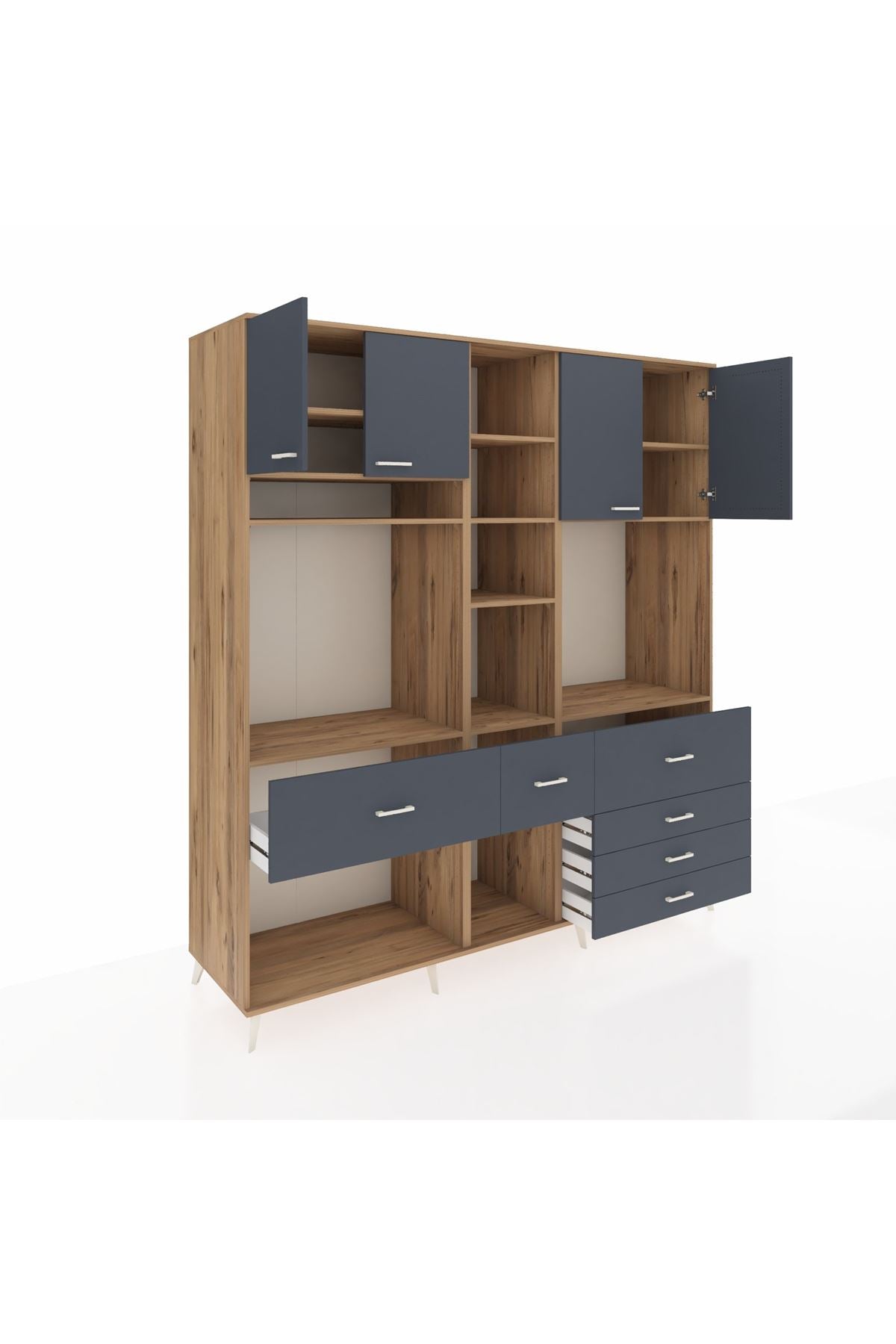 Kronos Dolap 11 Raflı 6 Çekmeceli 4 Kapaklı 220x59x243 Çam-Antrasit/Antrasit