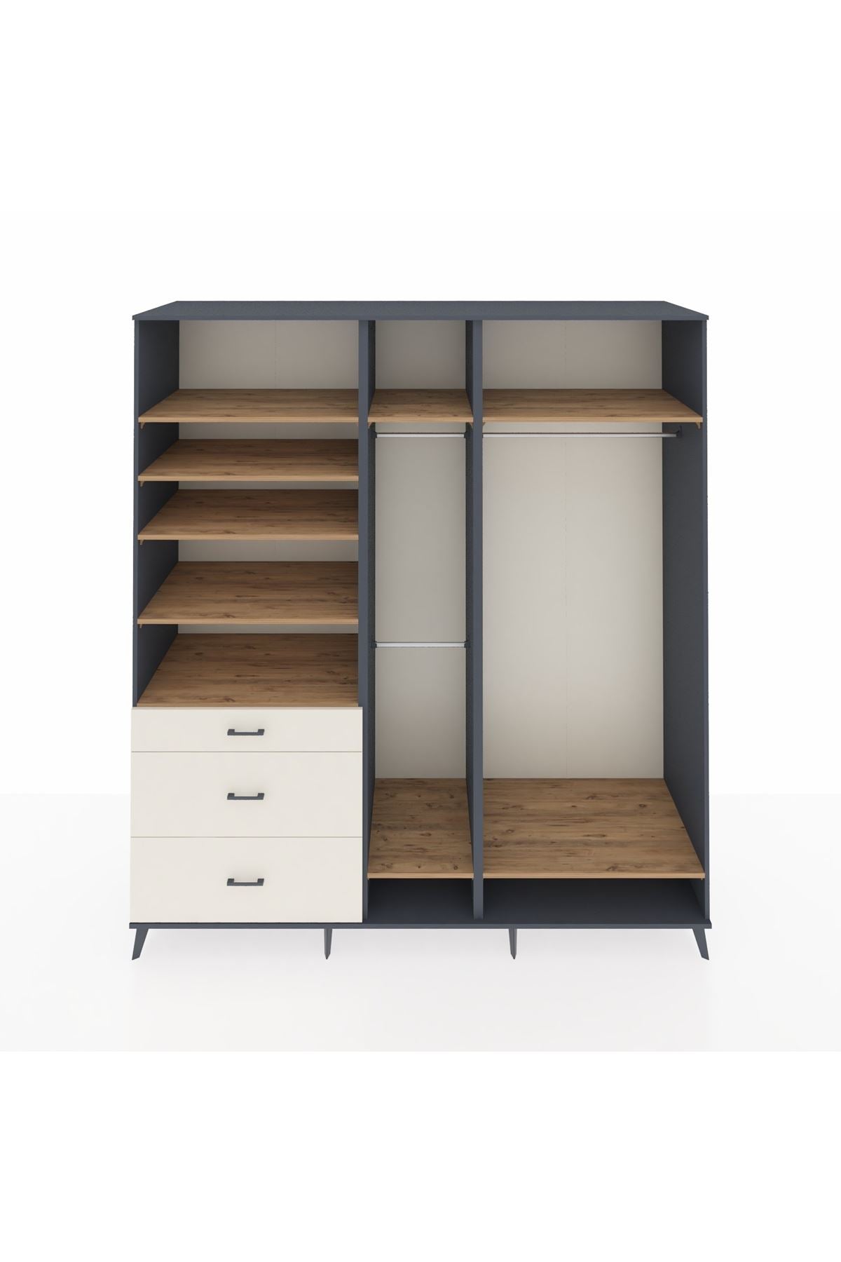 Kronos Dolap 9 Raflı 3 Çekmeceli 3 Askılı 220x59x243 Antrasit-Çam/Aytaşı