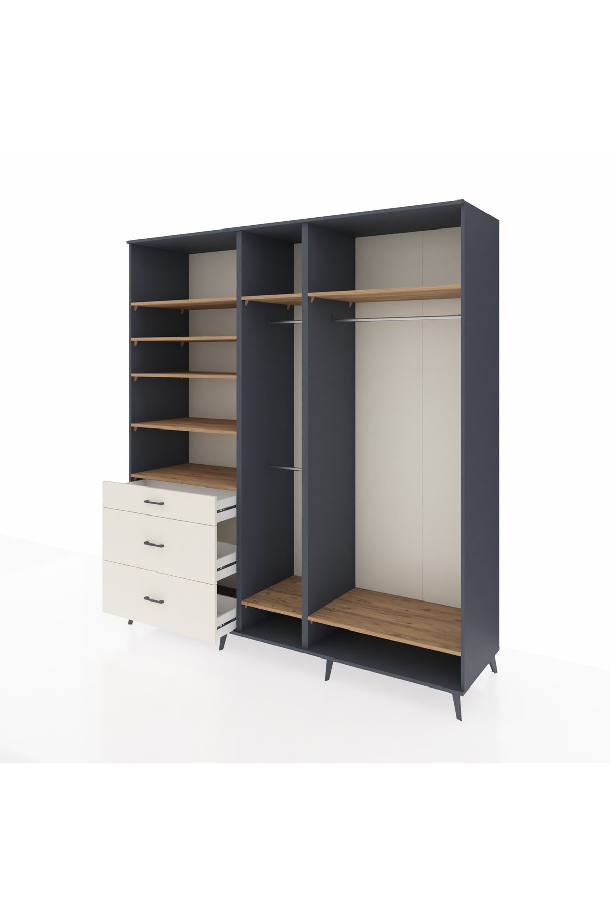 Kronos Dolap 9 Raflı 3 Çekmeceli 3 Askılı 220x59x243 Antrasit-Çam/Aytaşı