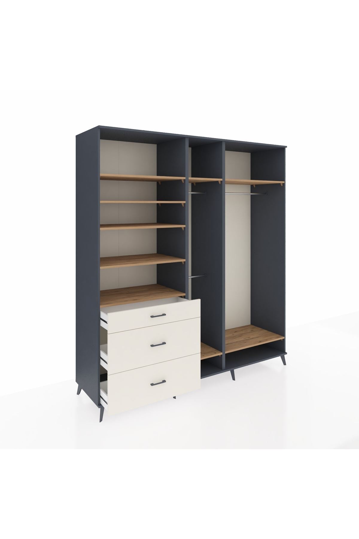 Kronos Dolap 9 Raflı 3 Çekmeceli 3 Askılı 220x59x243 Antrasit-Çam/Aytaşı