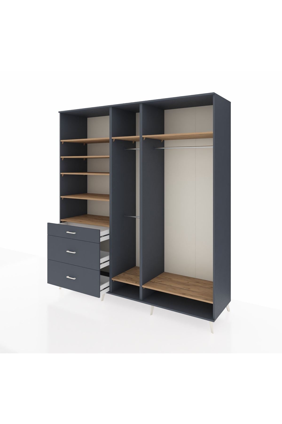 Kronos Dolap 9 Raflı 3 Çekmeceli 3 Askılı 220x59x243 Antrasit-Çam/Antrasit