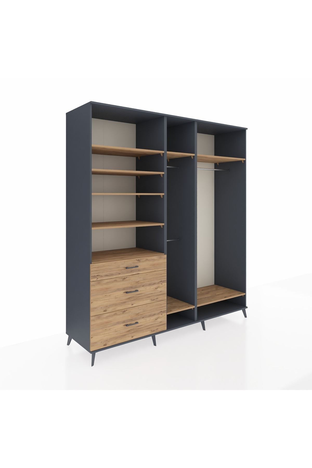 Kronos Dolap 9 Raflı 3 Çekmeceli 3 Askılı 220x59x243 Antrasit-Çam/Çam