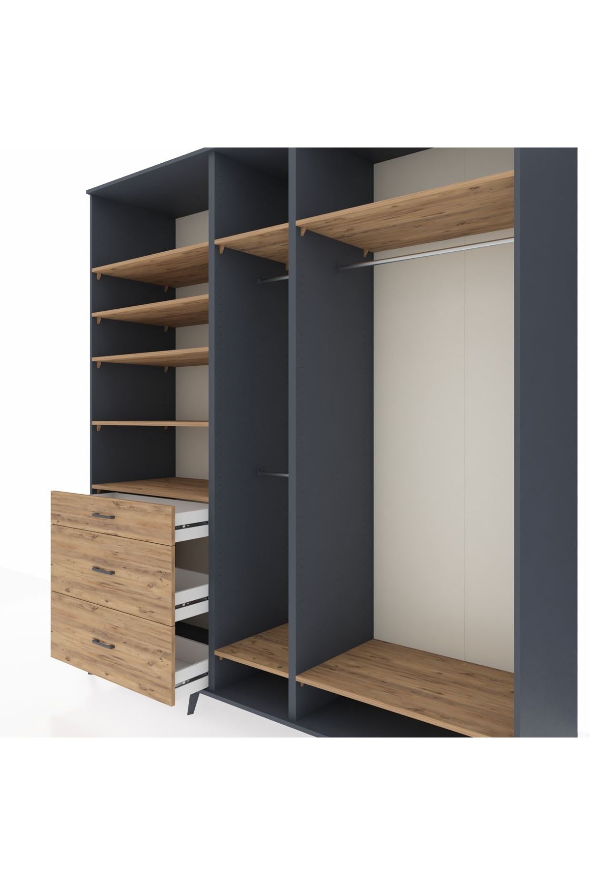 Kronos Dolap 9 Raflı 3 Çekmeceli 3 Askılı 220x59x243 Antrasit-Çam/Çam