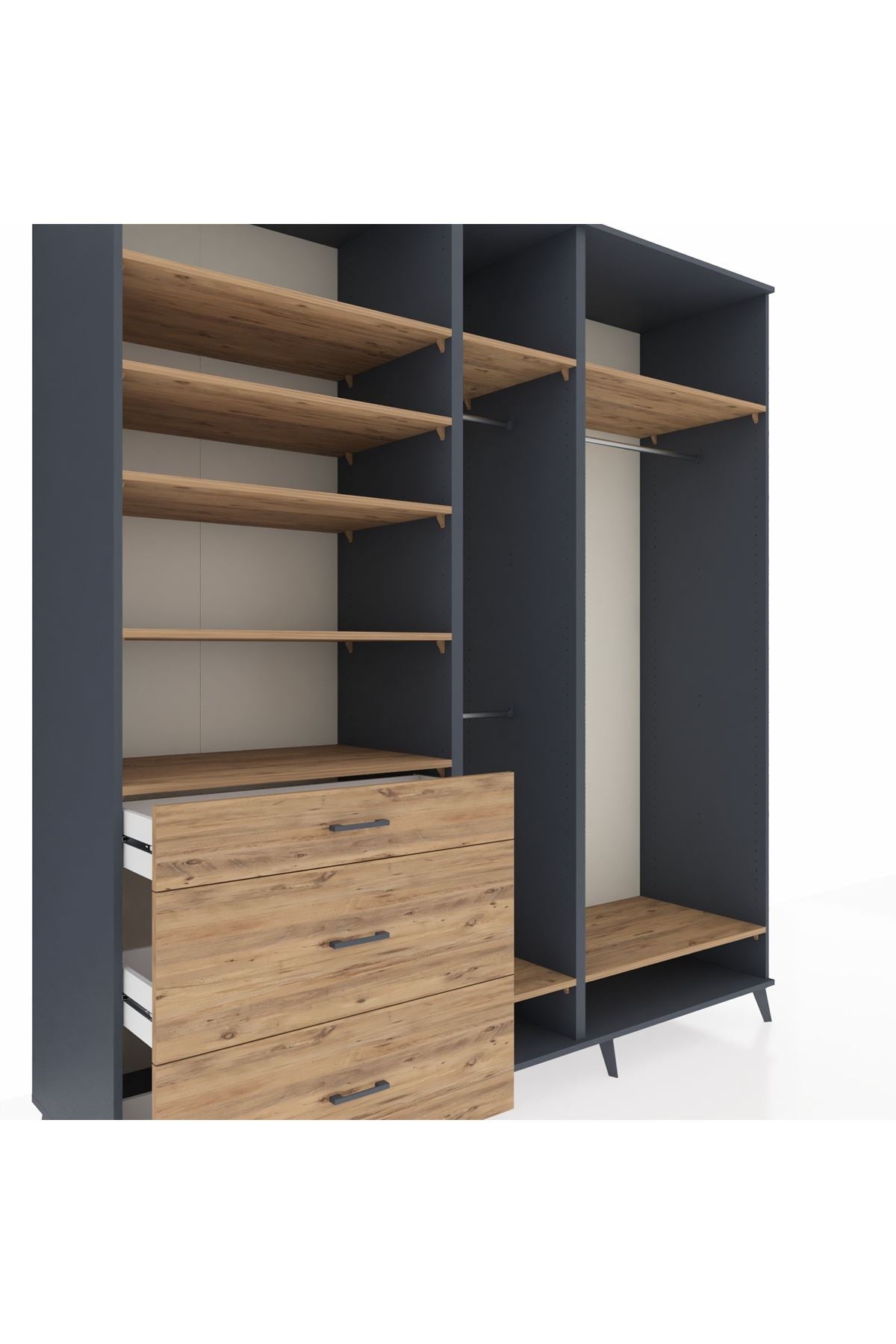 Kronos Dolap 9 Raflı 3 Çekmeceli 3 Askılı 220x59x243 Antrasit-Çam/Çam