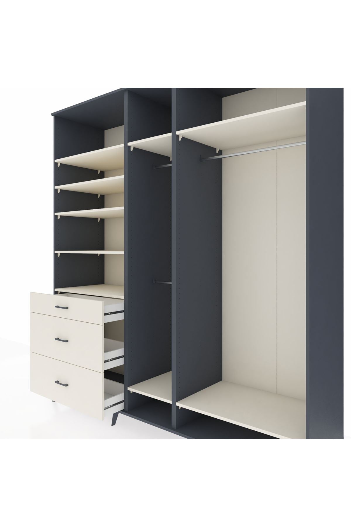 Kronos Dolap 9 Raflı 3 Çekmeceli 3 Askılı 220x59x243 Antrasit-Aytaşı/Aytaşı