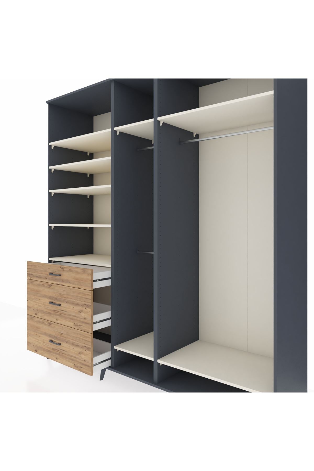 Kronos Dolap 9 Raflı 3 Çekmeceli 3 Askılı 220x59x243 Antrasit-Aytaşı/Çam