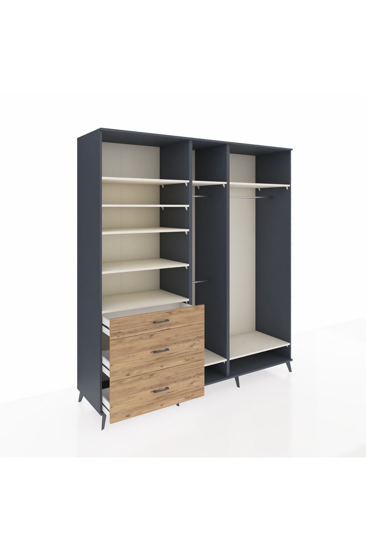 Kronos Dolap 9 Raflı 3 Çekmeceli 3 Askılı 220x59x243 Antrasit-Aytaşı/Çam