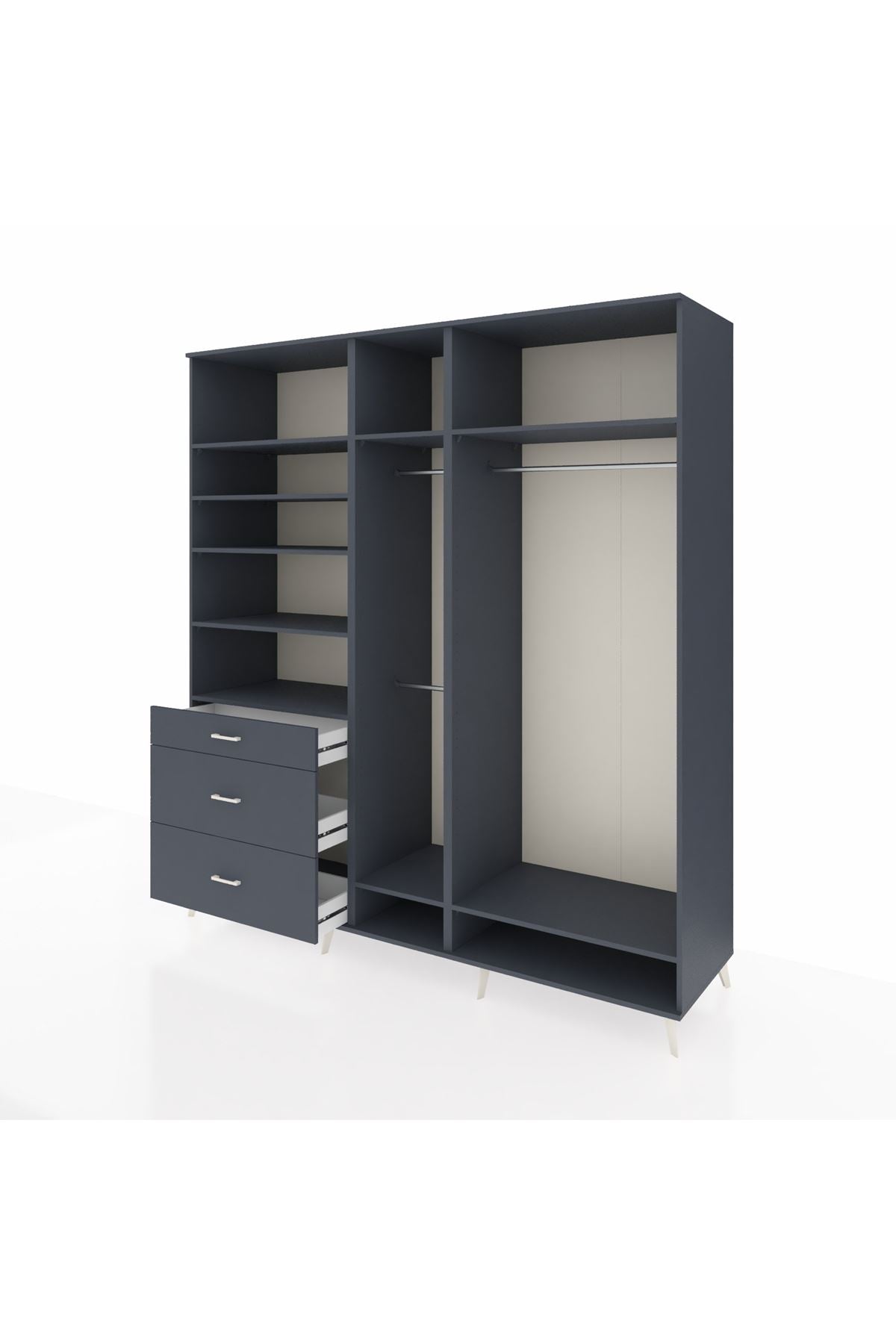 Kronos Dolap 9 Raflı 3 Çekmeceli 3 Askılı 220x59x243 Antrasit-Antrasit/Antrasit