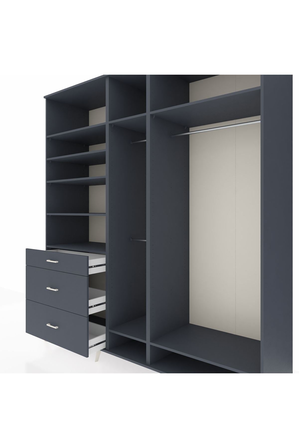 Kronos Dolap 9 Raflı 3 Çekmeceli 3 Askılı 220x59x243 Antrasit-Antrasit/Antrasit