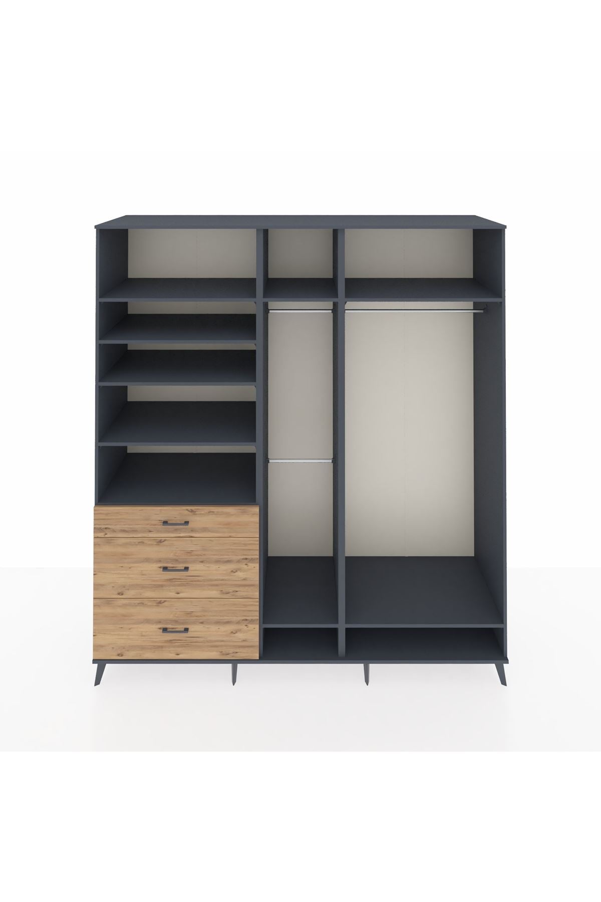 Kronos Dolap 9 Raflı 3 Çekmeceli 3 Askılı 220x59x243 Antrasit-Antrasit/Çam