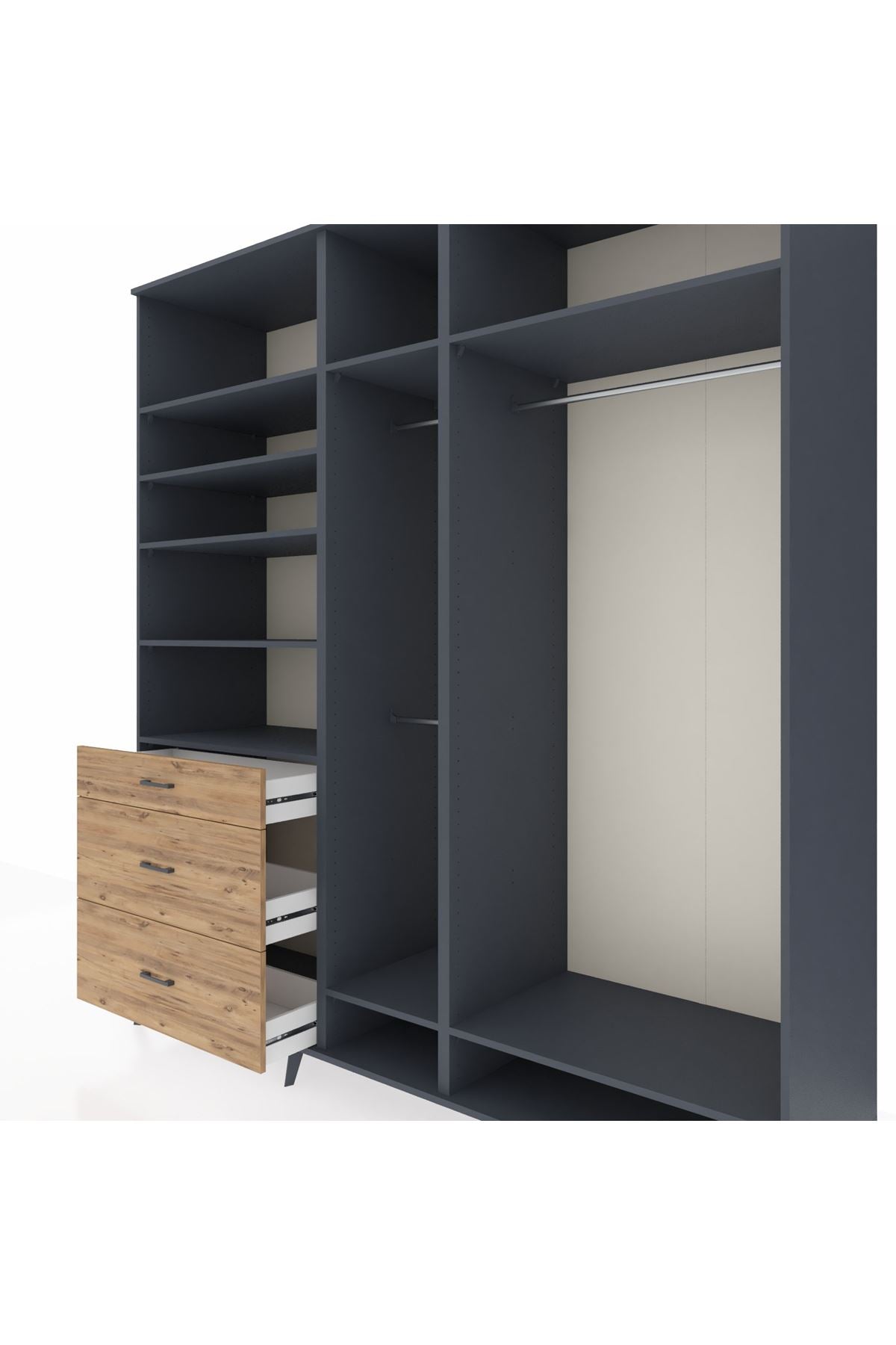Kronos Dolap 9 Raflı 3 Çekmeceli 3 Askılı 220x59x243 Antrasit-Antrasit/Çam