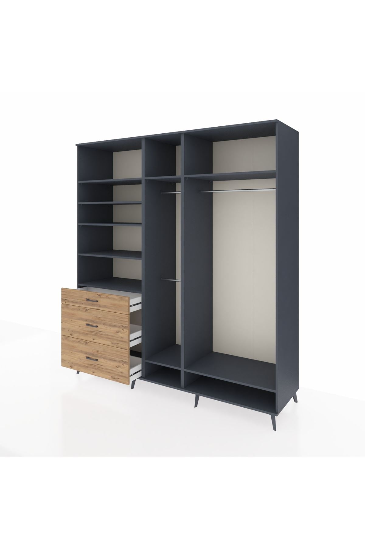 Kronos Dolap 9 Raflı 3 Çekmeceli 3 Askılı 220x59x243 Antrasit-Antrasit/Çam